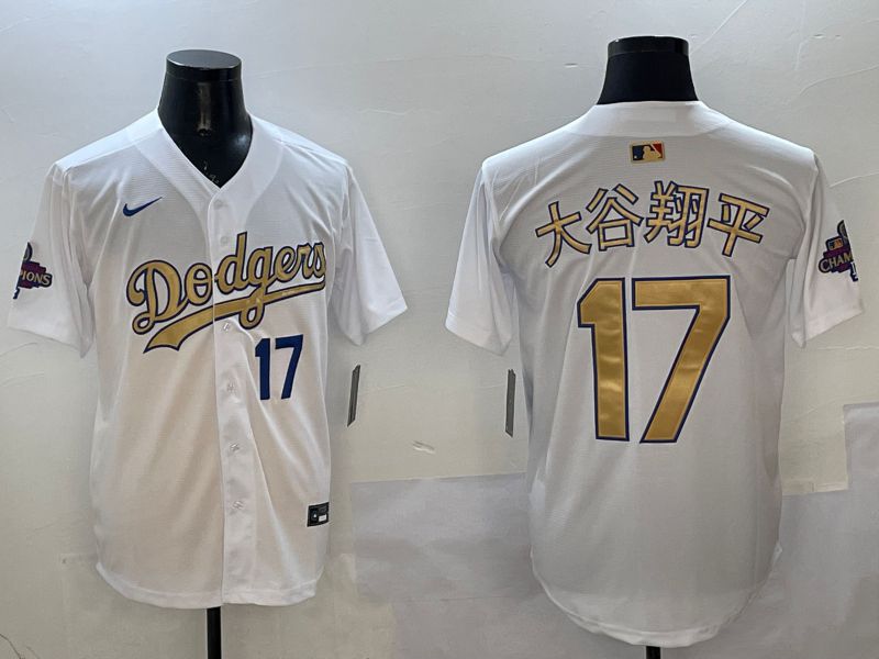 Men Los Angeles Dodgers #17 Ohtani White Champion gold character 2025 Nike MLB Jersey style 16